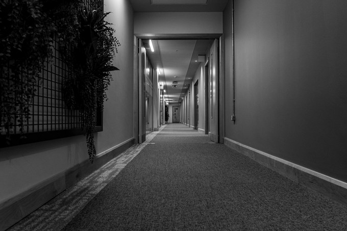 An empty corridor with planting on the left wall, a doorway framing the length of it.