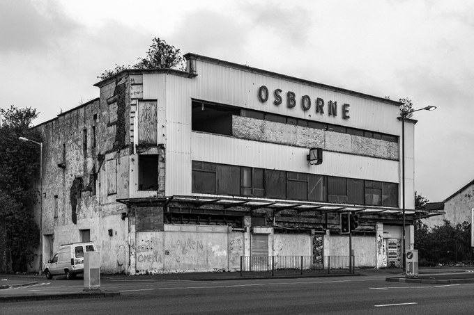 The New Osborne frontage from the Birt Street corner, boarded at street level.